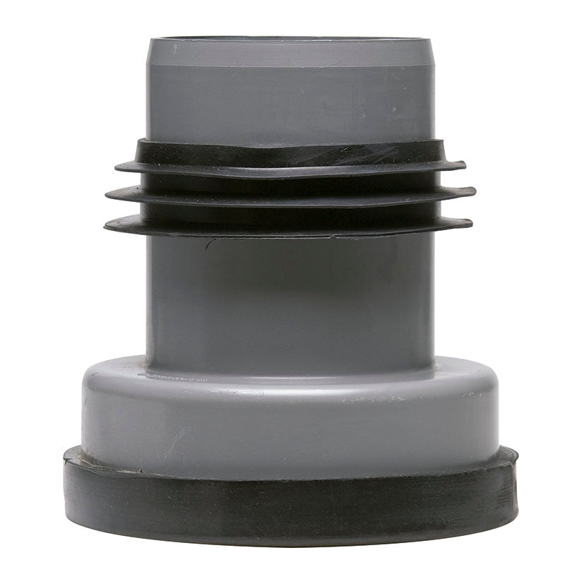 Conector de inodoro excéntrico en PVC gris visto de perfil con juntas de estanqueidad.