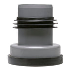 Conector de inodoro excéntrico en PVC gris visto de perfil con juntas de estanqueidad.