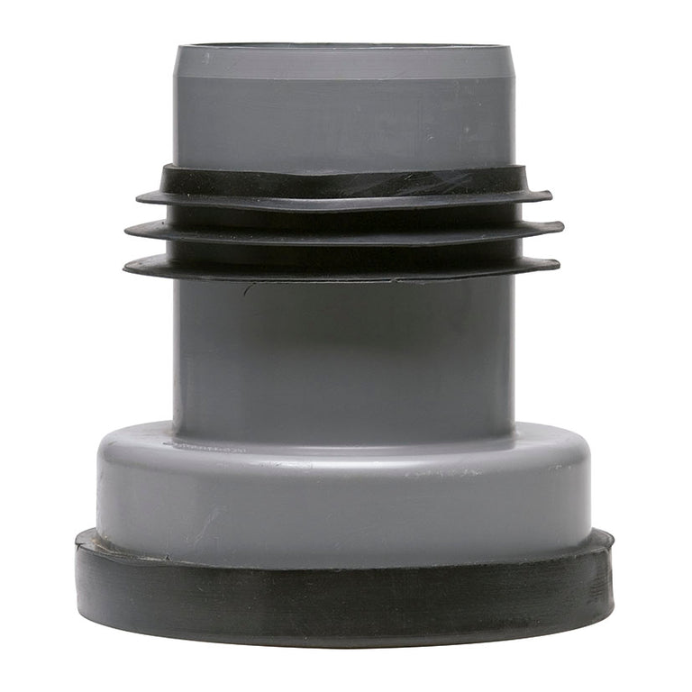 Conector de inodoro excéntrico en PVC gris visto de perfil con juntas de estanqueidad.