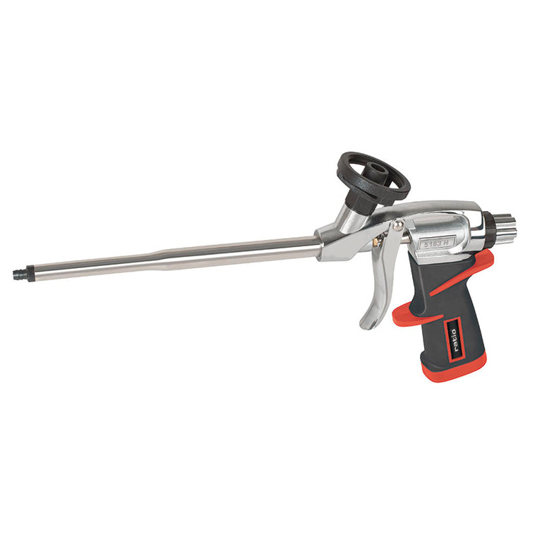Pistola profesional para espuma de poliuretano RATIO 5183 con cuerpo de aluminio y mango ergonómico antideslizante.
