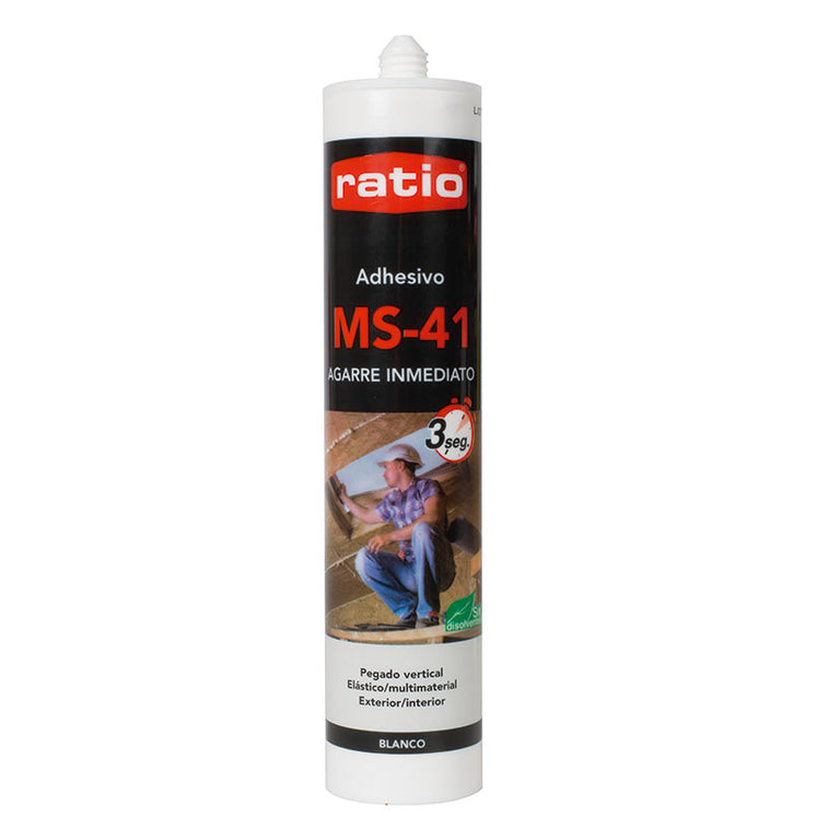 Cartucho de adhesivo sellador RATIO MS-41 blanco de 290ml con tecnología de agarre inmediato en 3 segundos para pegado vertical.