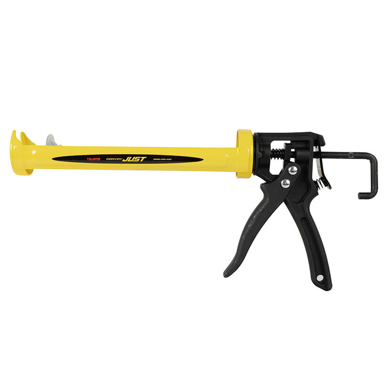 Pistola de silicona Tajima Convoy Just amarilla y negra con sistema de doble empuje y mecanismo antigoteo
