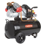 Compresor de aire profesional RATIO PRO-50/3HP con calderín negro de 50 litros y motor de doble cabezal en V.