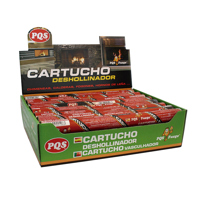 Caja expositora de cartuchos deshollinadores PQS para mantenimiento de estufas y hornos de leña