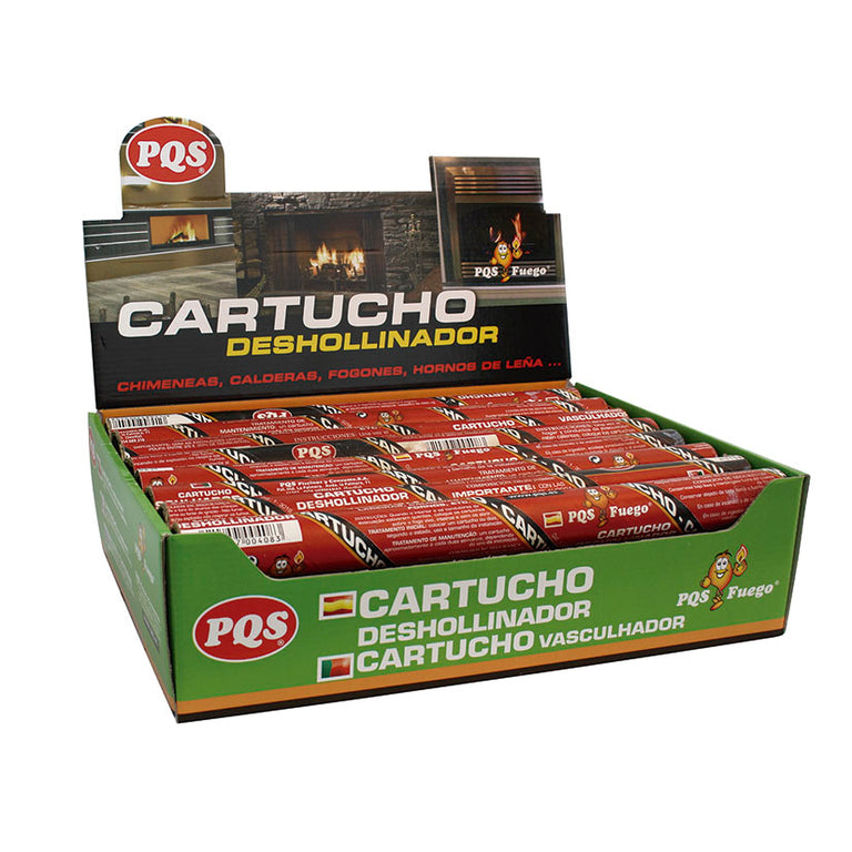 Caja expositora de cartuchos deshollinadores PQS para mantenimiento de estufas y hornos de leña