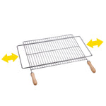 Parrilla extensible de acero cincado con mangos de madera y flechas indicadoras de ajuste lateral