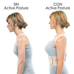 Comparativa de perfil de mujer sin y con el chaleco Active Posture mostrando la mejora en la alineación de la espalda.
