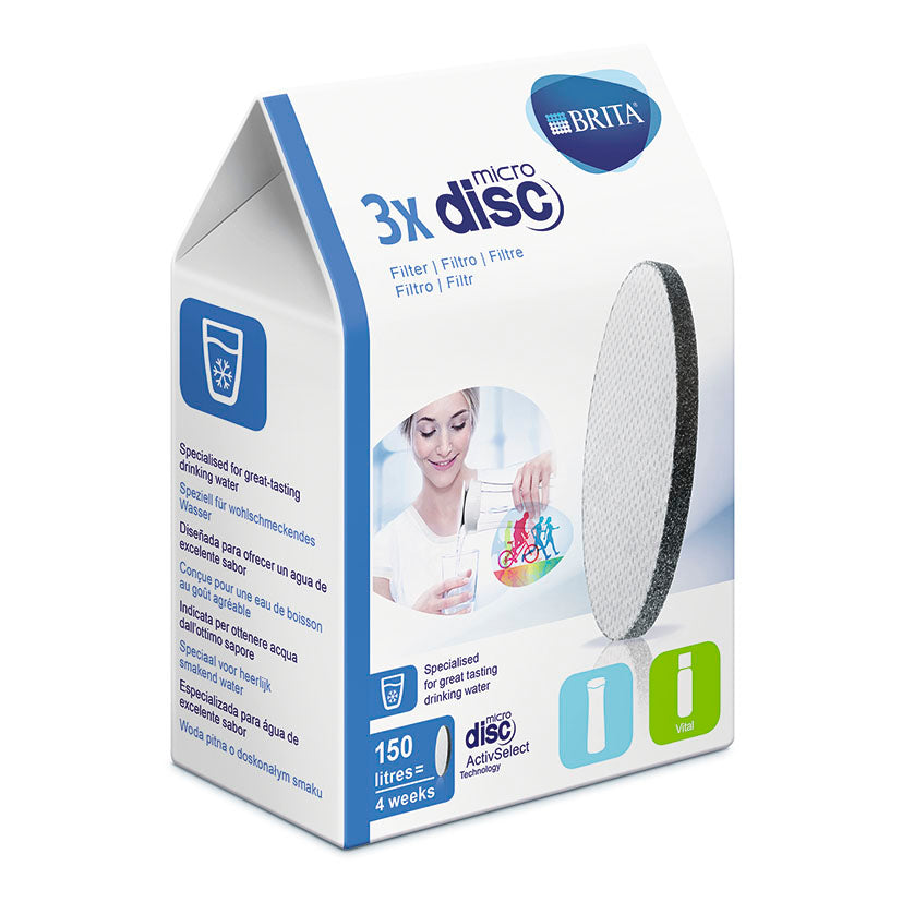 Caja de 3 filtros BRITA MicroDisc con tecnología ActivSelect para filtración de agua en botellas y jarras