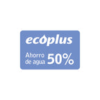 Sello Ecoplus indicando un ahorro de agua del 50 por ciento para mecanismos de descarga de inodoros.