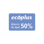 Sello Ecoplus indicando un ahorro de agua del 50 por ciento para mecanismos de descarga de inodoros.