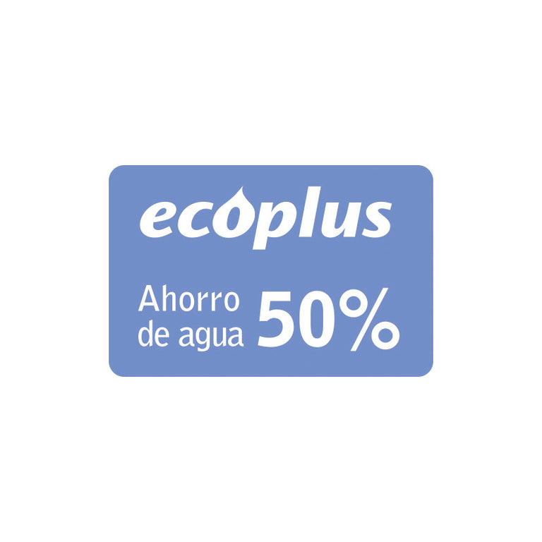 Sello Ecoplus indicando un ahorro de agua del 50 por ciento para mecanismos de descarga de inodoros.