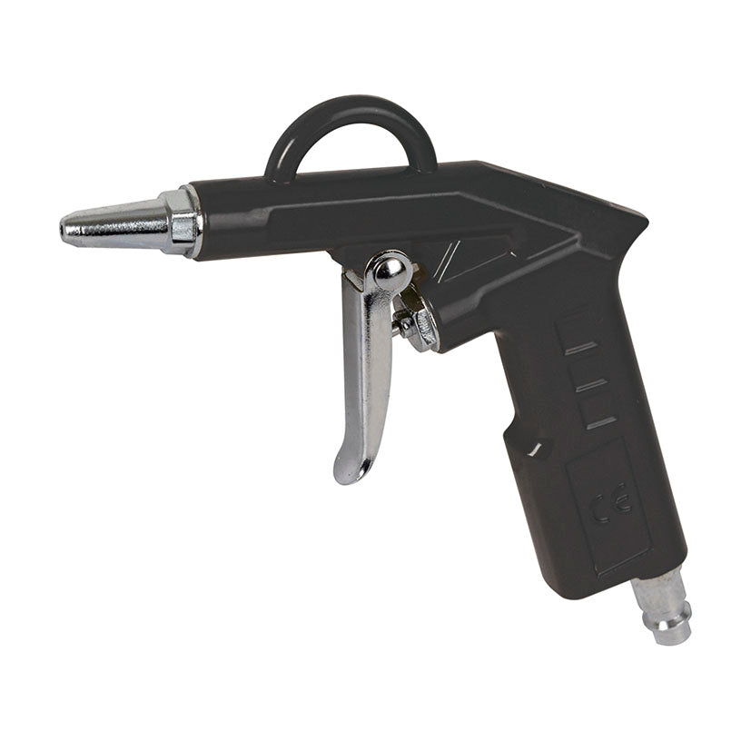 Pistola de soplar neumática RATIO de color negro con gatillo metálico y conexión rápida de 1/4 de pulgada.