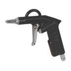 Pistola de soplar neumática RATIO de color negro con gatillo metálico y conexión rápida de 1/4 de pulgada.