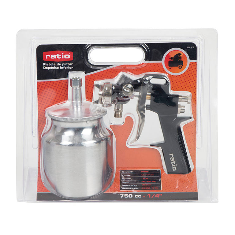 Blíster de pistola de pintar RATIO 696-12 detallando especificaciones técnicas de presión y consumo de aire.