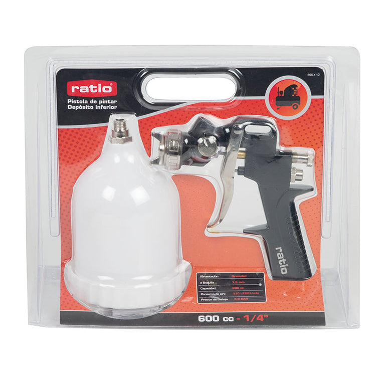 Presentación en blister de la pistola de pintar RATIO 696-13 con detalles técnicos y conexión de 1/4 de pulgada.