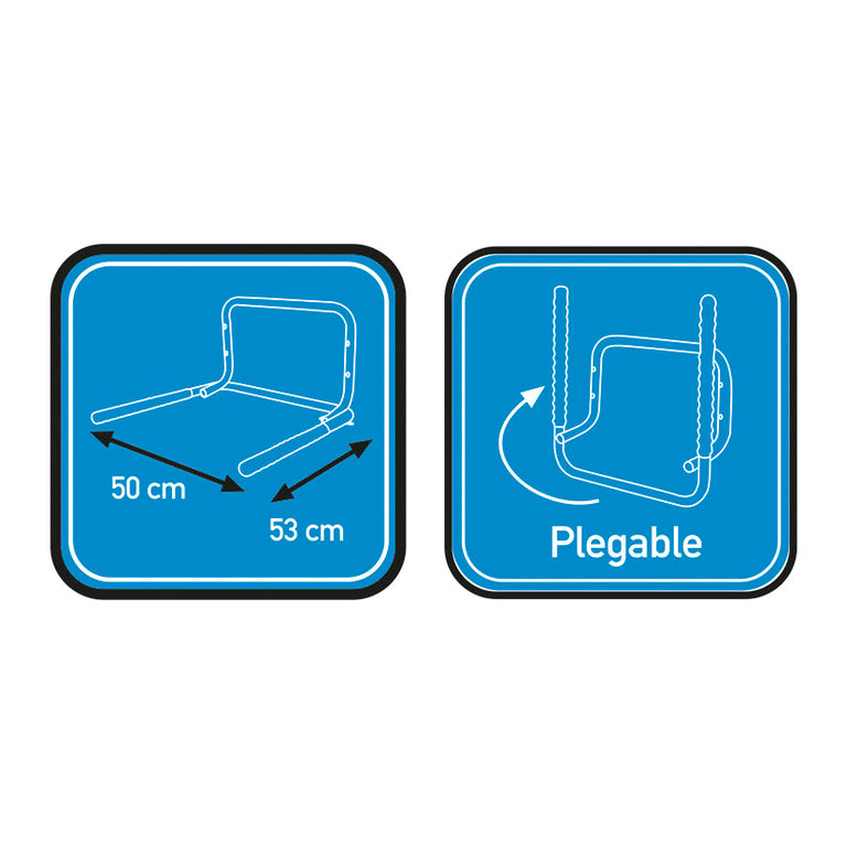 Iconos técnicos del soporte de bicicleta: dimensiones 50x53 cm, función plegable y carga máxima de 30 kg.