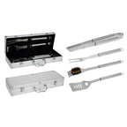 Set de 4 herramientas para barbacoa en acero inoxidable con maletín de aluminio rígido abierto y cerrado.