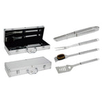 Set de 4 herramientas para barbacoa en acero inoxidable con maletín de aluminio rígido abierto y cerrado.