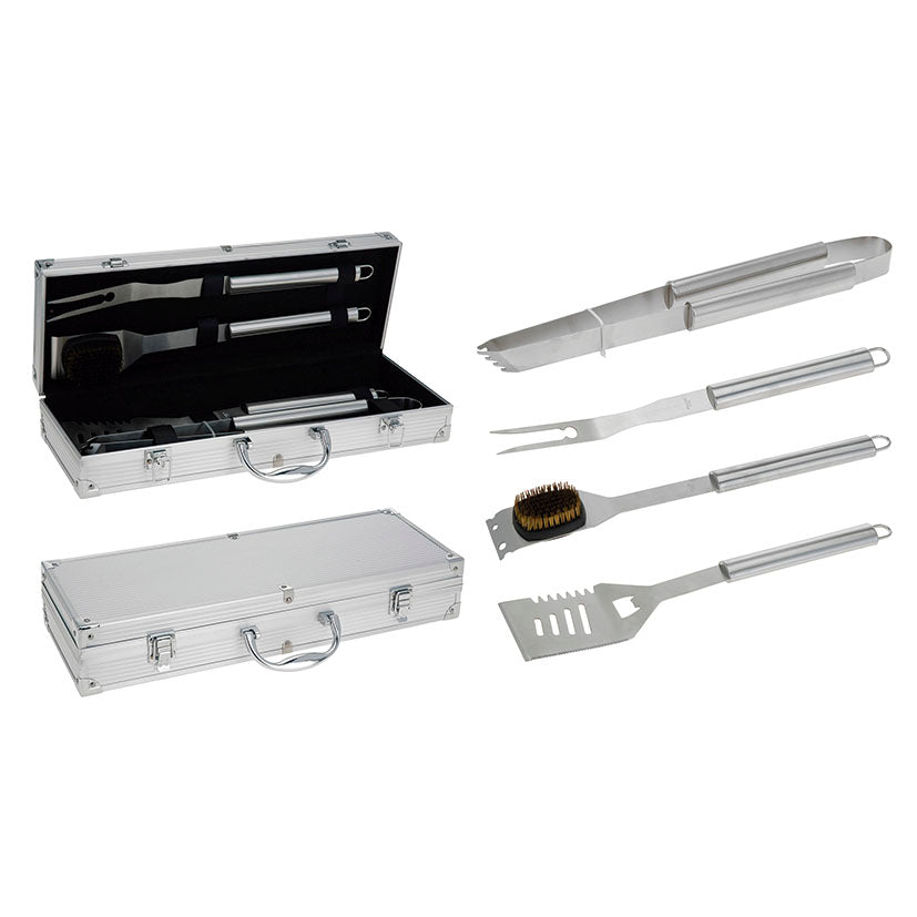 Set de 4 herramientas para barbacoa en acero inoxidable con maletín de aluminio rígido abierto y cerrado.