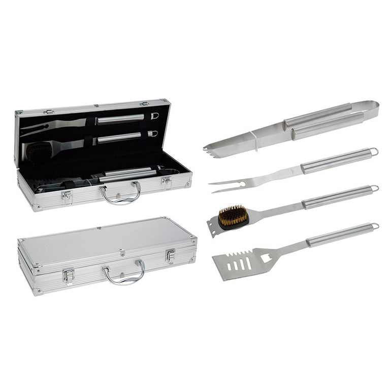 Set de 4 herramientas para barbacoa en acero inoxidable con maletín de aluminio rígido abierto y cerrado.