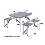 Infografía con medidas de mesa de camping plegable abierta 85x64,5cm y cerrada tipo maleta con asa.