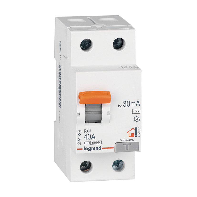 Interruptor diferencial Legrand RX3 2 polos 40A 30mA con botón de test y palanca naranja para cuadro eléctrico.