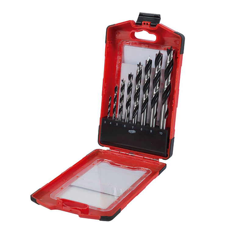 Juego de 8 brocas para madera RATIO en estuche abierto mostrando medidas de 3 a 10 mm con punta de centrado.