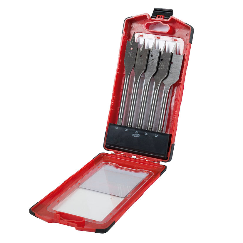 Estuche abierto con juego de 5 brocas de pala RATIO para madera de 16 a 32 mm