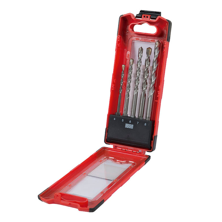 Estuche bimaterial abierto con 5 brocas para pared RATIO de diferentes diámetros y punta de carburo.