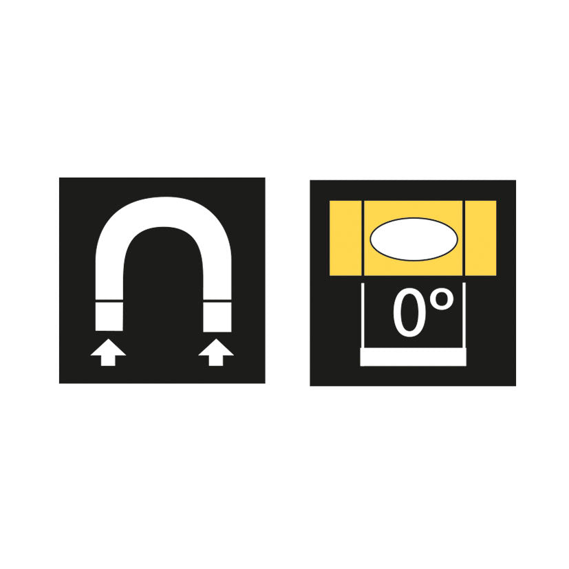 Iconos técnicos de nivel RATIO indicando base magnética potente y burbuja de precisión a 0 grados.