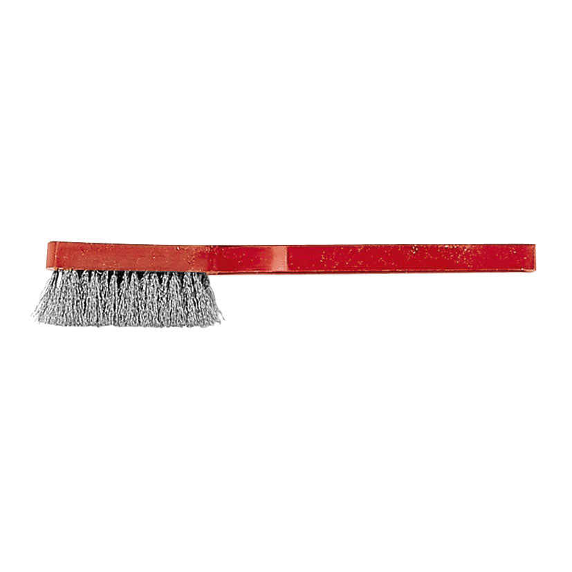Cepillo para bujías con púas de hierro plateadas y mango de plástico rojo para limpieza de motores.