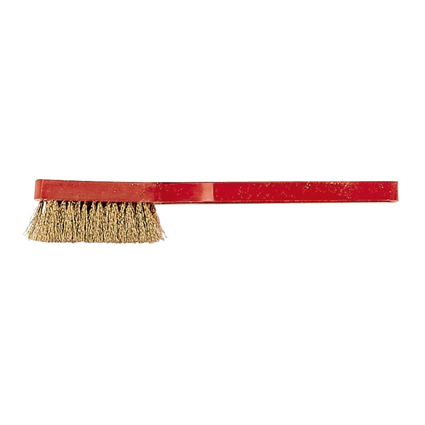 Cepillo para bujías con púas de latón doradas y mango de plástico rojo para mantenimiento mecánico.