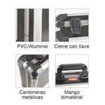 Detalles técnicos del maletín: estructura PVC-aluminio, cierre con llave, cantoneras y mango ergonómico.
