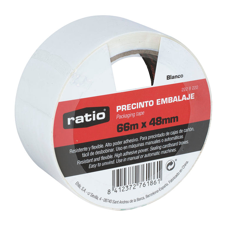 Cinta de embalaje blanca RATIO de 48mm para precintado de cajas y uso profesional.