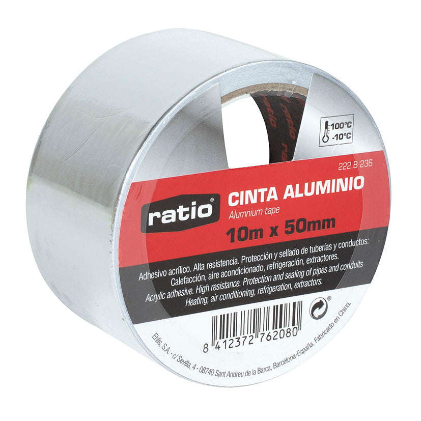 Rollo de cinta de aluminio Ratio 50mm x 10m con adhesivo acrílico resistente a temperaturas extremas.
