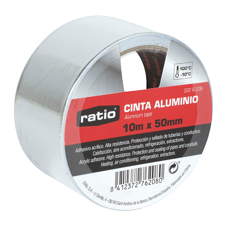 Rollo de cinta de aluminio Ratio 50mm x 10m con adhesivo acrílico resistente a temperaturas extremas.
