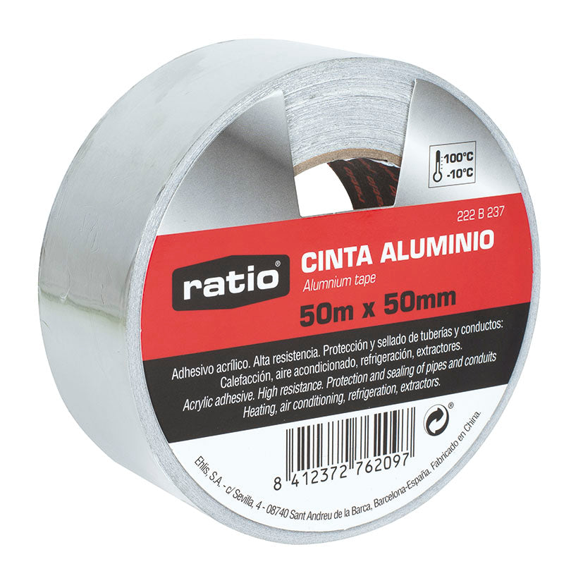 Cinta de aluminio adhesiva Ratio 50mm x 50m para sellado de tuberías y conductos de aire acondicionado.