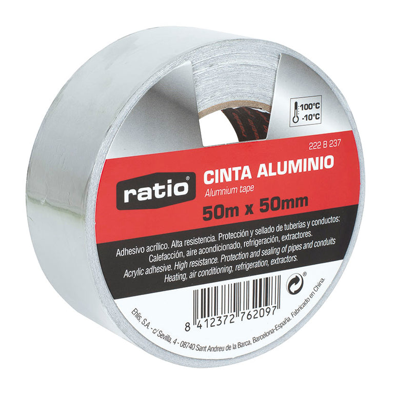 Cinta de aluminio adhesiva Ratio 50mm x 50m para sellado de tuberías y conductos de aire acondicionado.