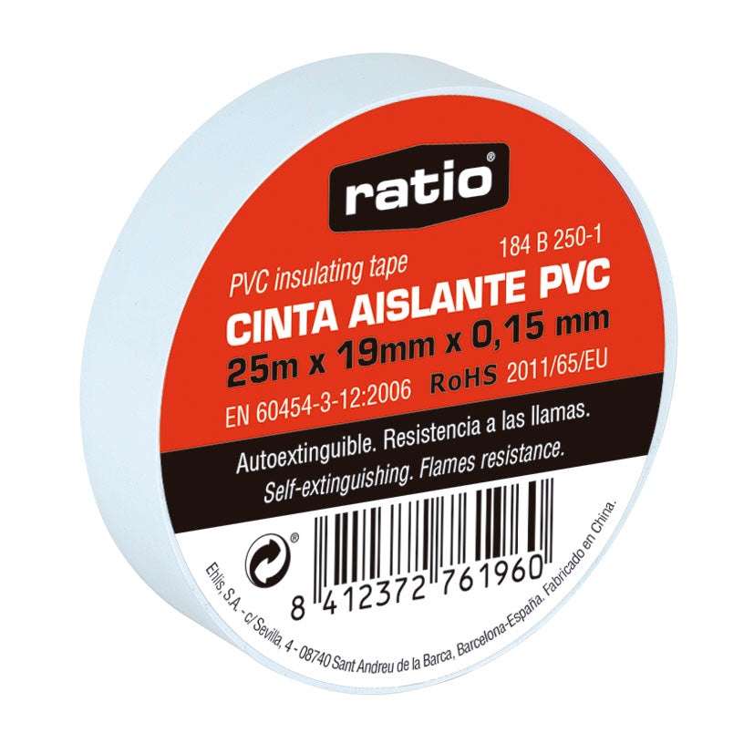 Cinta aislante PVC blanca RATIO 25m x 19mm resistente al fuego