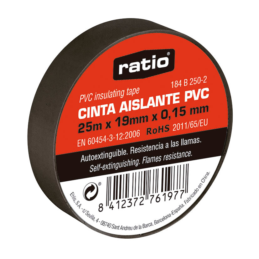 Cinta aislante PVC negra RATIO 25m x 19mm autoextinguible