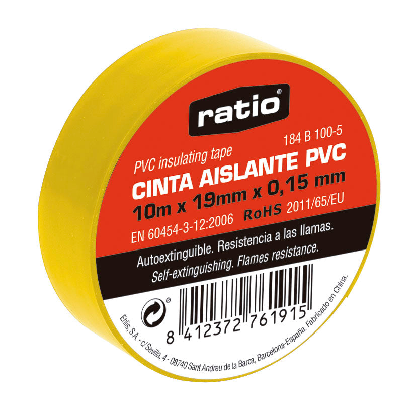 Cinta aislante PVC amarilla RATIO 10m x 19mm para electricidad