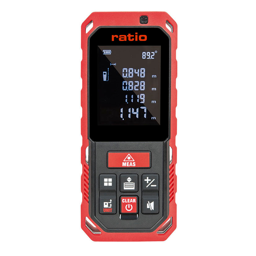 Medidor de distancias láser RATIO RLM315 con pantalla digital encendida mostrando mediciones y ángulo de 89.2 grados.
