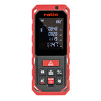 Medidor de distancias láser RATIO RLM315 con pantalla digital encendida mostrando mediciones y ángulo de 89.2 grados.