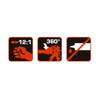 Iconografía técnica de la pistola RATIO destacando relación de empuje 12:1, giro 360 grados y función anti-goteo.