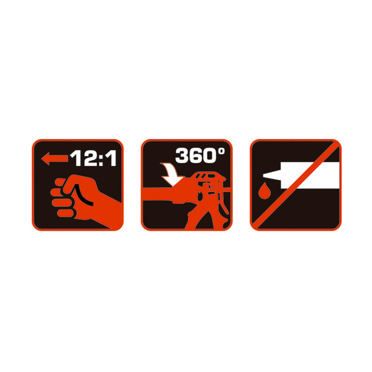 Iconografía técnica de la pistola RATIO destacando relación de empuje 12:1, giro 360 grados y función anti-goteo.