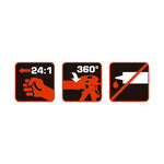 Iconografía técnica de la pistola RATIO Press-24 destacando empuje 24:1, rotación 360° y función antigoteo.