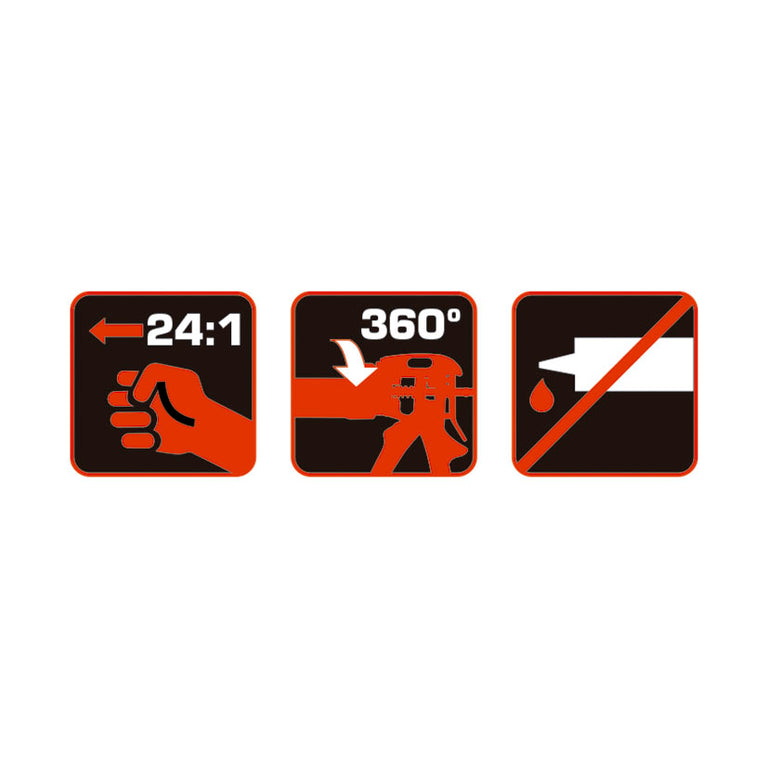 Iconografía técnica de la pistola RATIO Press-24 destacando empuje 24:1, rotación 360° y función antigoteo.
