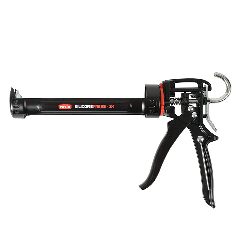 Pistola de silicona profesional RATIO Press-24 negra con relación de empuje 24:1 y mango ergonómico de aluminio.