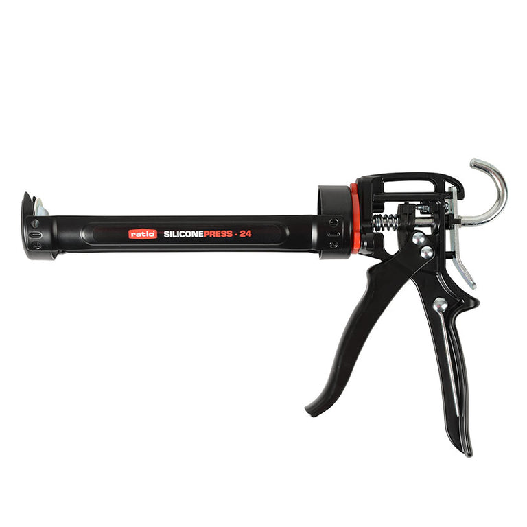 Pistola de silicona profesional RATIO Press-24 negra con relación de empuje 24:1 y mango ergonómico de aluminio.