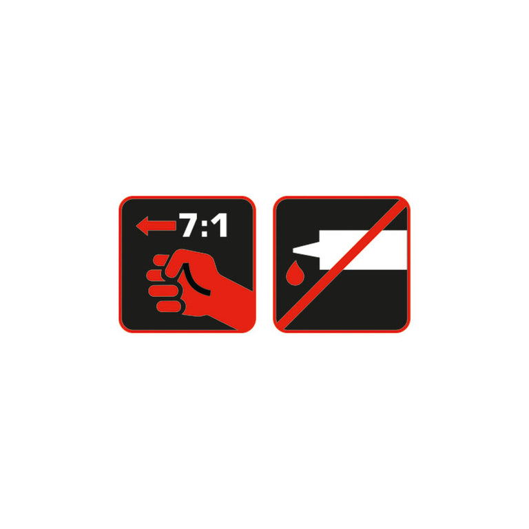 Iconografía técnica de pistola RATIO Press-7: relación de empuje 7:1 y función de parada automática de flujo.
